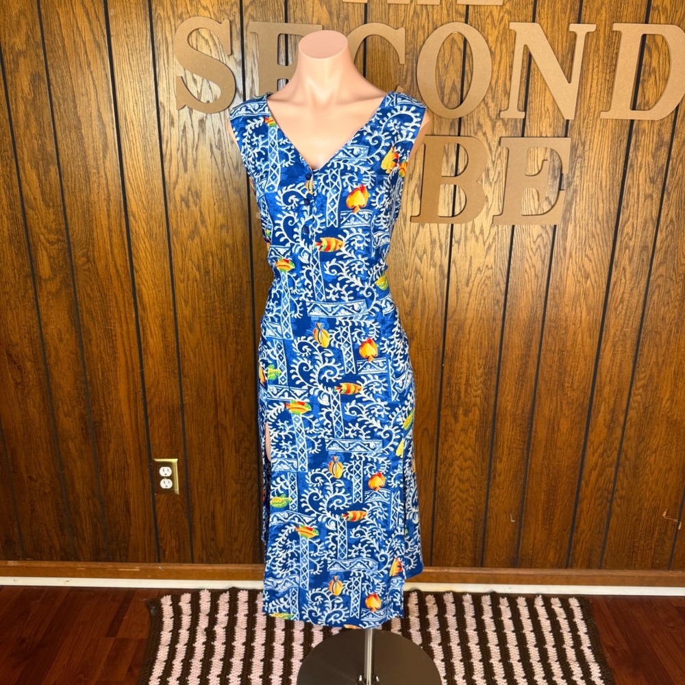 Meant To Be Maxi Dress Women XL Blue Tropical Fish Print Pockets Slits Retro
